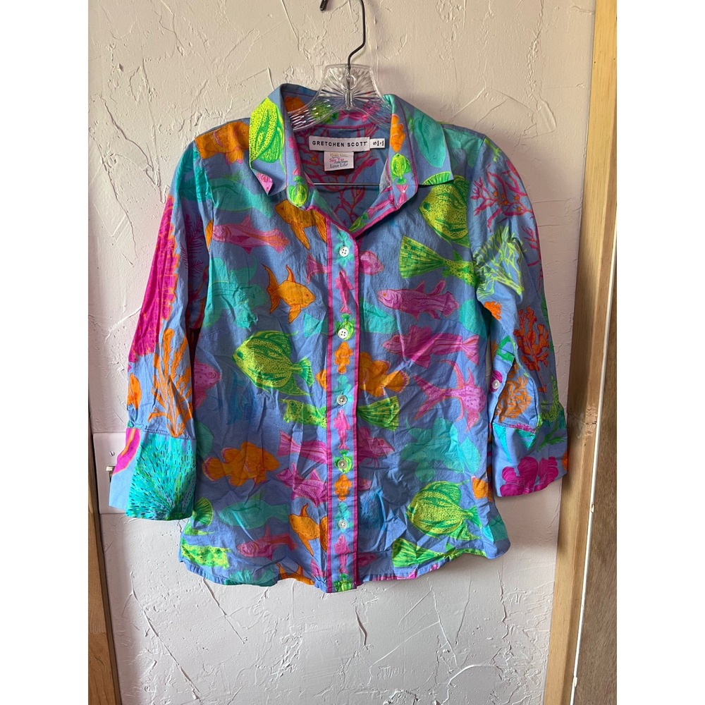 Gretchen Scott Blue Tropical Fish Coral Print Cotton 3/4 Sleeve Blouse Small